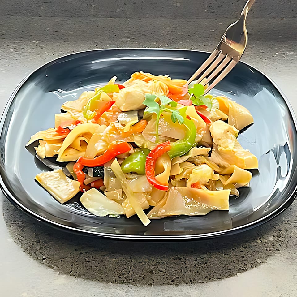 A fork lifts a bite of Thai noodles with chicken, red and green peppers, and cilantro.